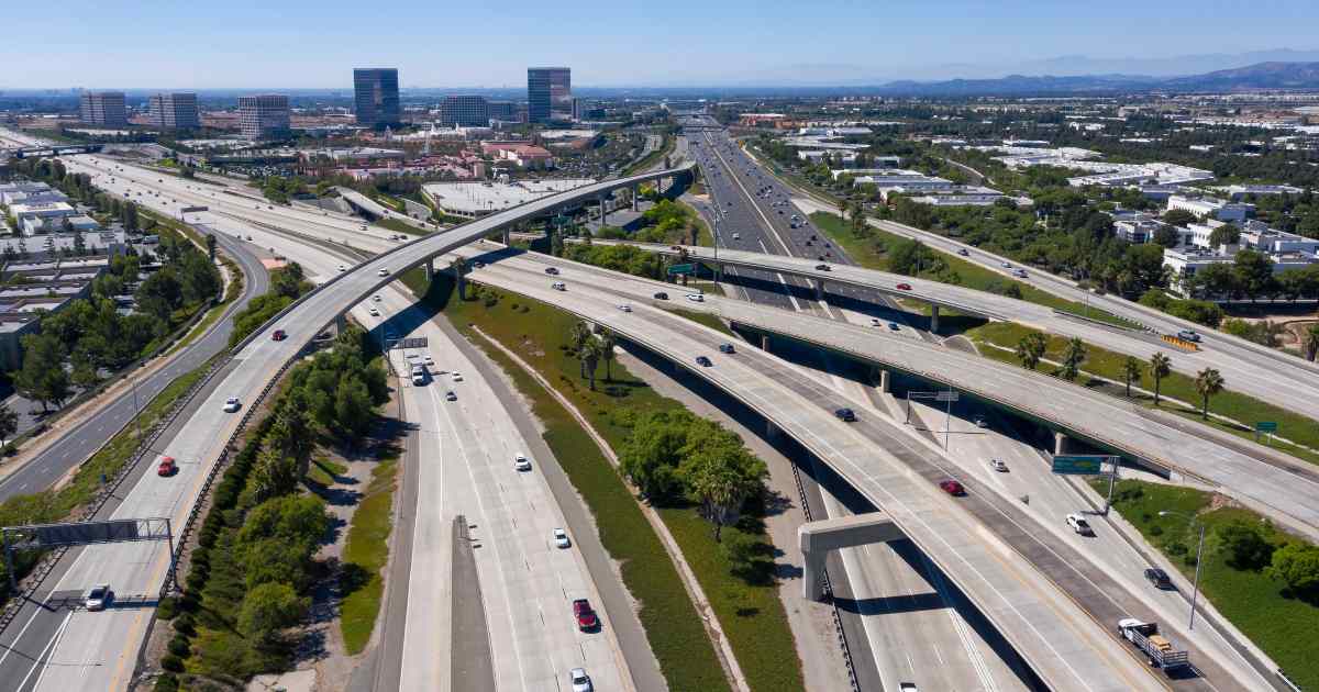The I-5/I-405 El Toro freeway interchange in Irvine CA.