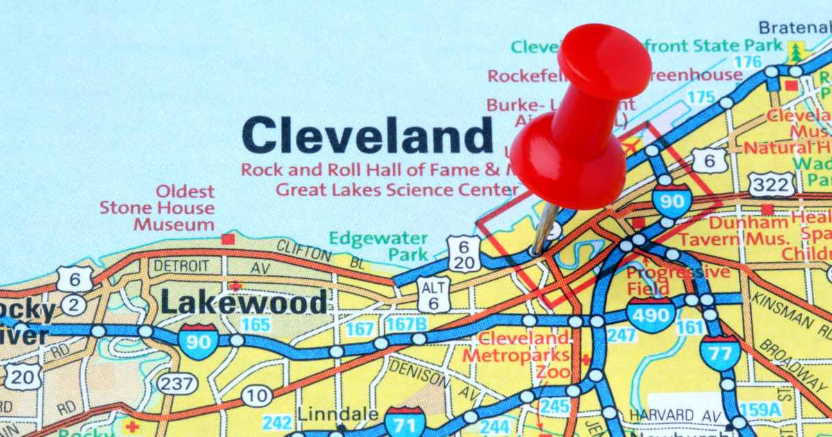 Cleveland Ohio next to Lake Erie shown on a map 
